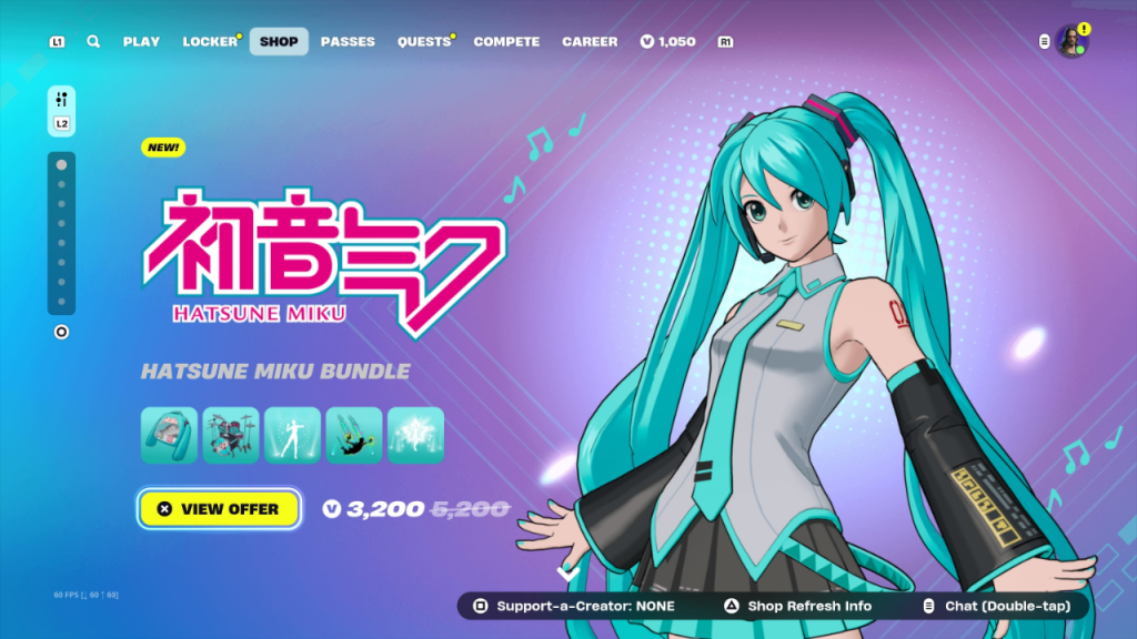 Hatsune Miku 복장 및 Fortnite 아이템 상점의 아이템