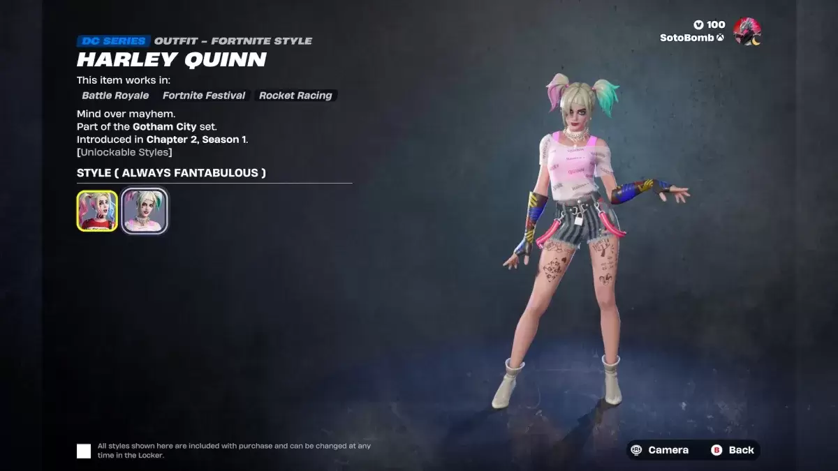 Le Harley Quinn Skin à Fortnite dans le cadre d'un article sur les quêtes.