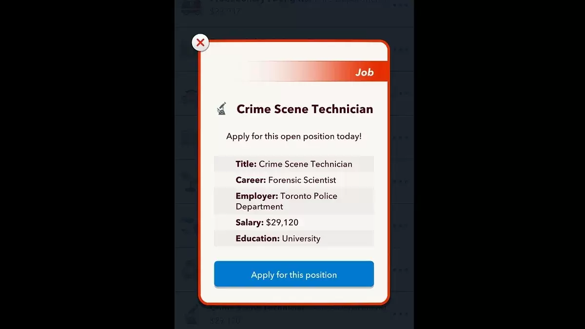 Crime Scene Technician Job in Bitlife