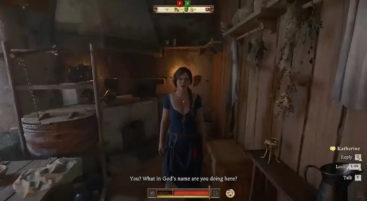 Image: Screenshot from Kingdom Come: Deliverance 2 showing a scene with Katherine