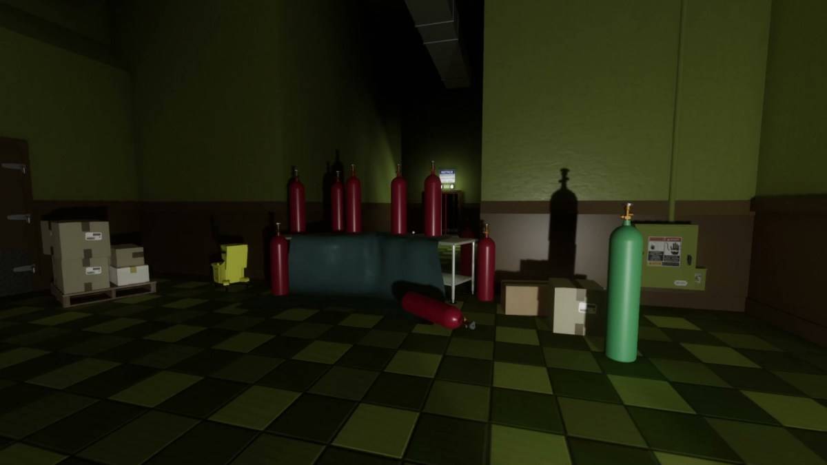 Superliminal - several tanks and bottles in a dark room.