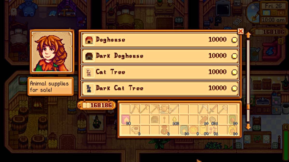 Pet supplies at Marnie's Ranch shop in Stardew Valley