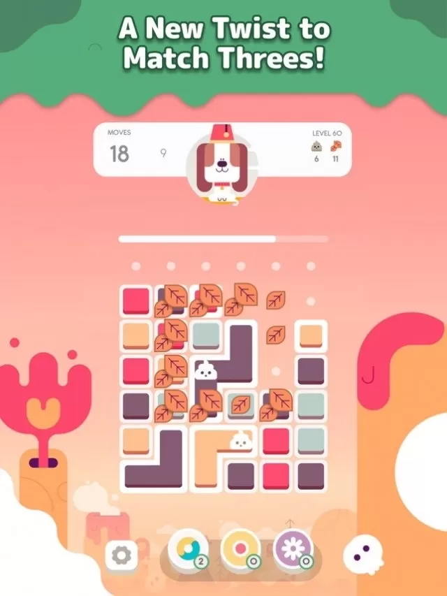 Uma interface de jogo colorida mostrando uma reviravolta única na jogabilidade clássica do Match-3 com gráficos vibrantes e um cão adorável.