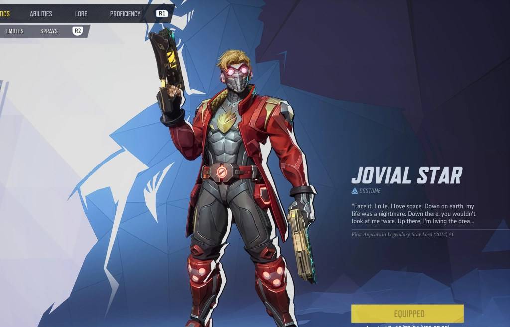 Star-Lord in his Jovial Star skin on the selection menu  as part of an article about free Marvel Rivals skins.