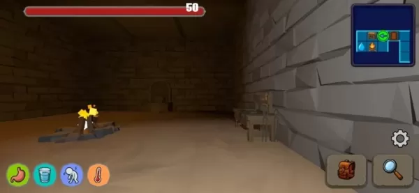 Een foto van een first-person perspectief in een donkere kerker, met gezondheid, honger en dorstbars zichtbaar