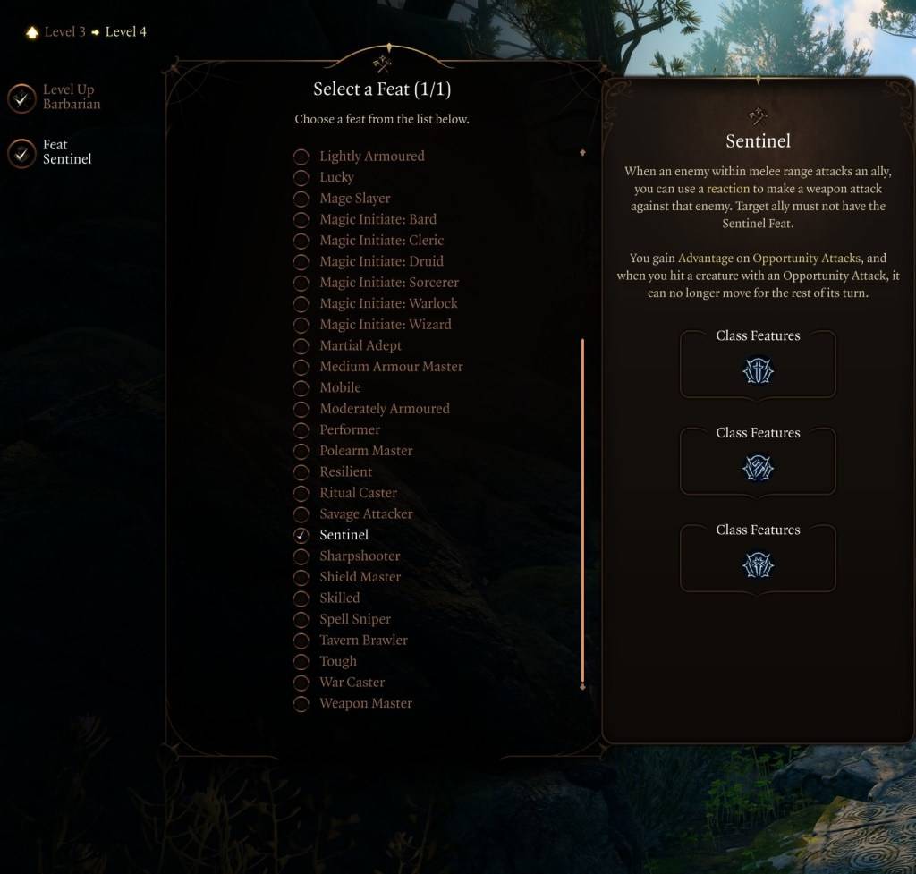 Uma imagem mostrando o feat Sentinel no Baldur's Gate 3 (BG3), como parte de um artigo sobre os melhores feitos a serem selecionados para a classe.