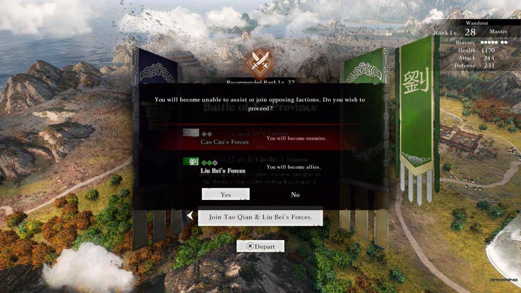 An option to ally either with Cao Cao of Liu Bei in Dynasty Warriors: Origins