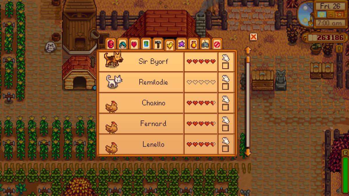 Animal friendship meter menu in Stardew Valley