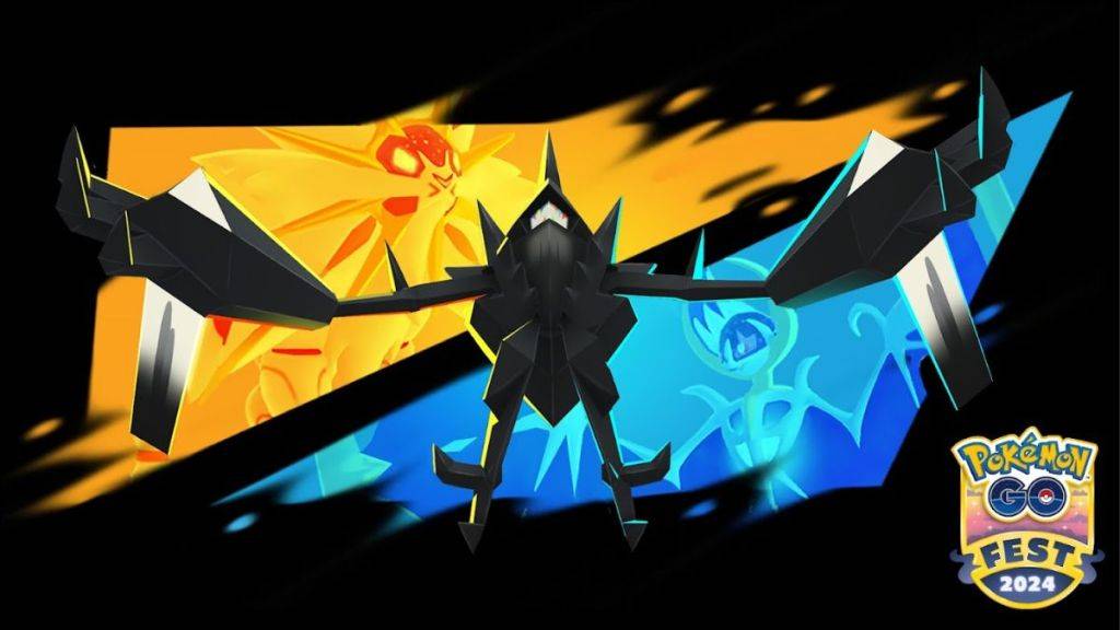 Pokémon GO image showing Necrozma, with Necrozma Dusk Mane and Dawn Wings in the background